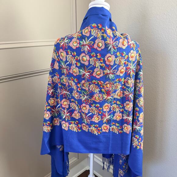 Embroidered Floral Royal Blue Shawl Wrap with Fringe Vibrant Boho Festival - Picture 5 of 9